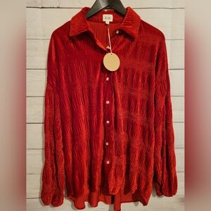 BiBi Top Women Small Oversized Tiered Velvet Red Blouse Balloon Sleeve NWT
